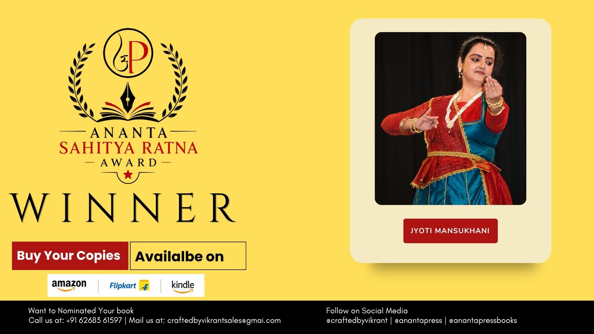 JYOTI MANSUKHANI HONOURED AS THE OFFICIAL WINNER OF THE ANANTA PRESS SAHITYA RATNA AWARD FOR NRITYAकर्मी