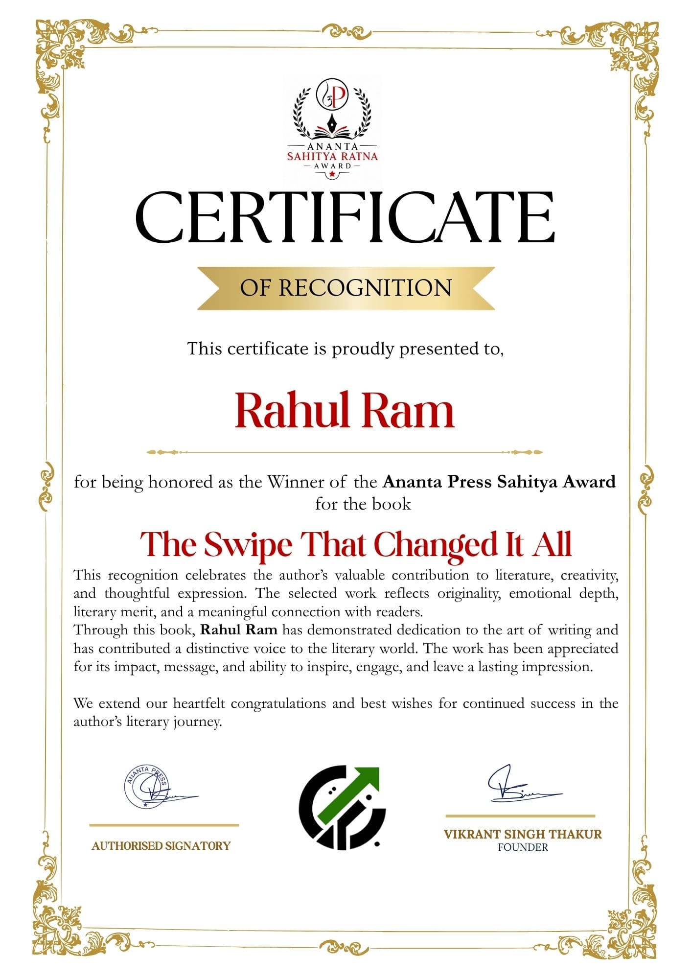 Official Ananta Press Sahitya Ratna Award certificate for Rahul Ram