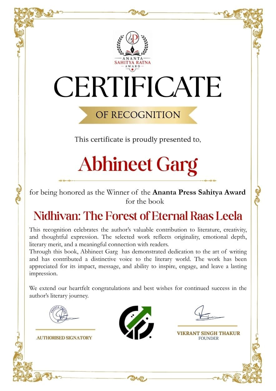 Official Ananta Press Sahitya Ratna Award certificate of Abhineet Garg