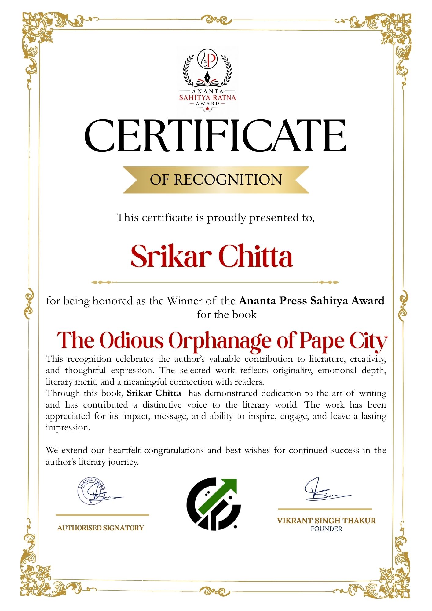 Official winner certificate of Srikar Chitta