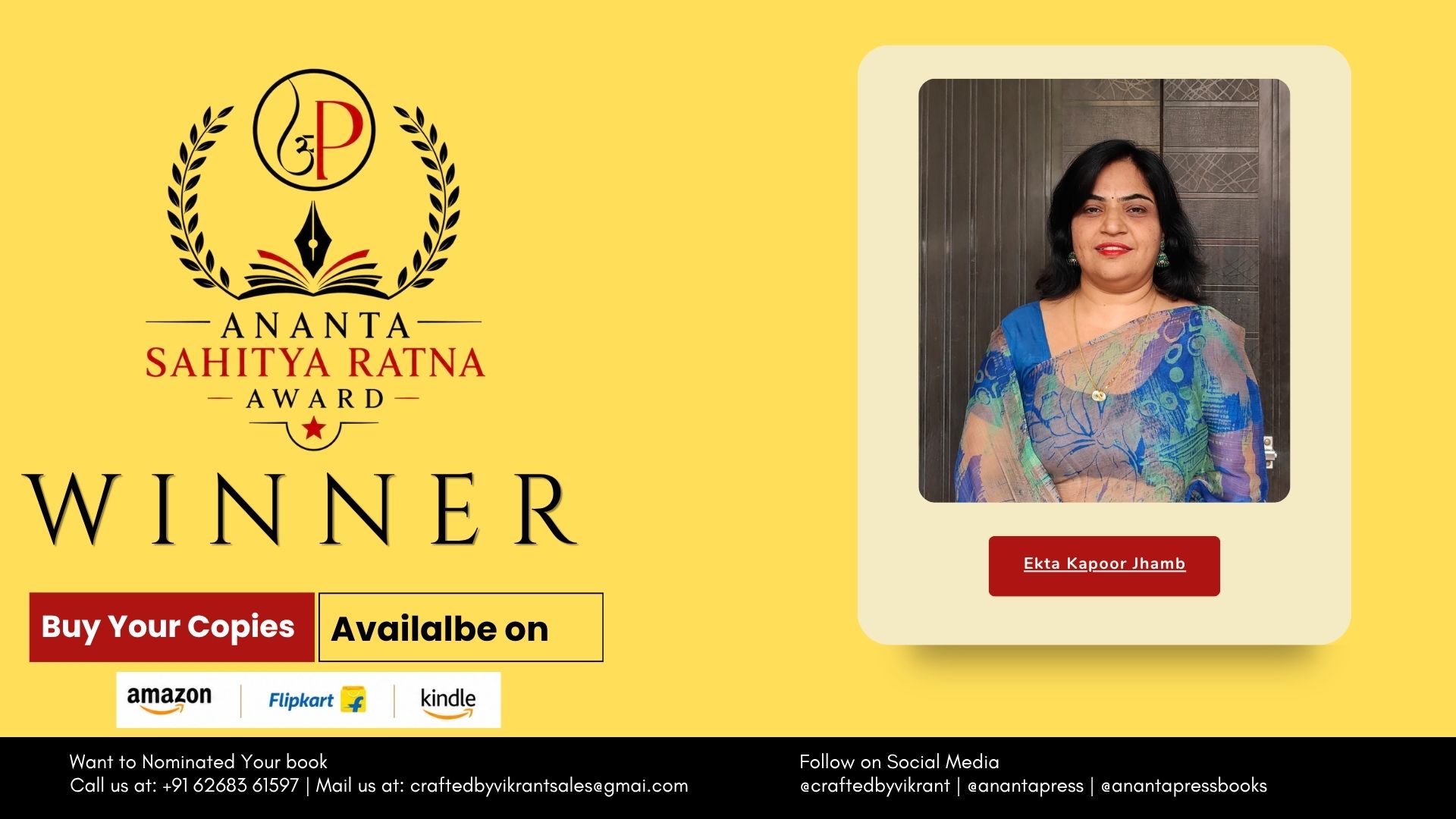 Congratulations to Ekta Kapoor Jhamb on being officially recognized as a Winner of the Ananta Press Sahitya Ratna Award for her fiction title, The Autumn.