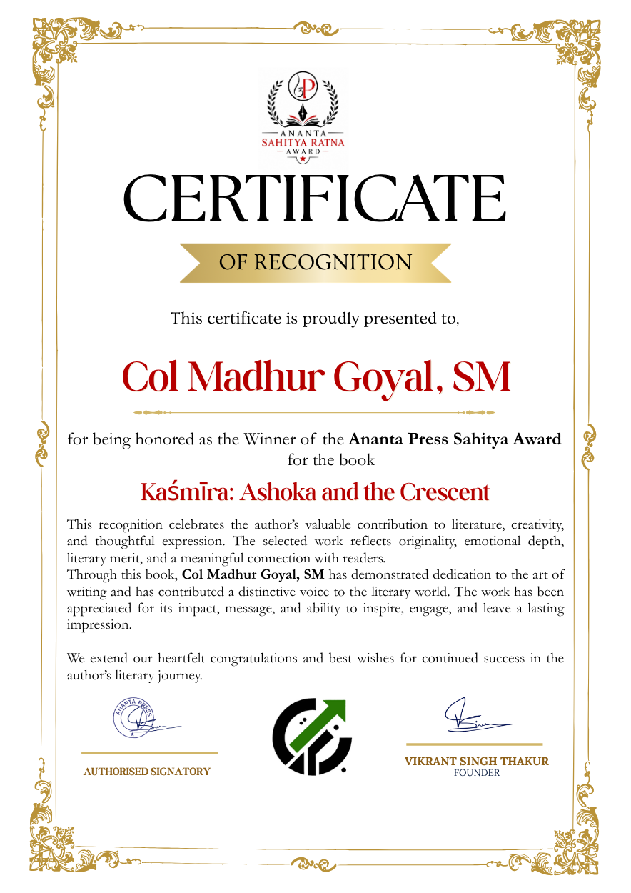 Official Ananta Press Sahitya Ratna Award certificate of Col Madhur Goyal, SM