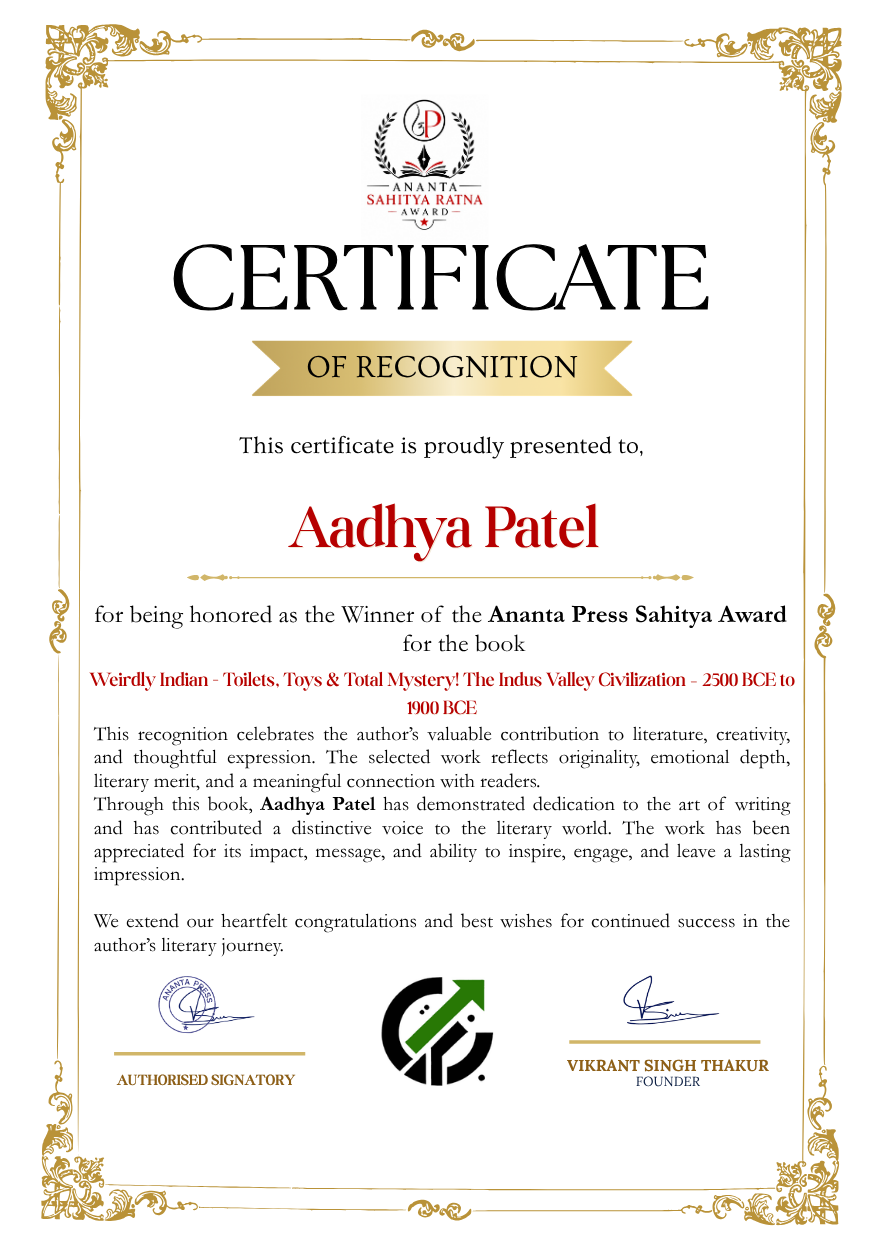 Official Ananta Press Sahitya Ratna Award winner certificate of Aadhya Patel