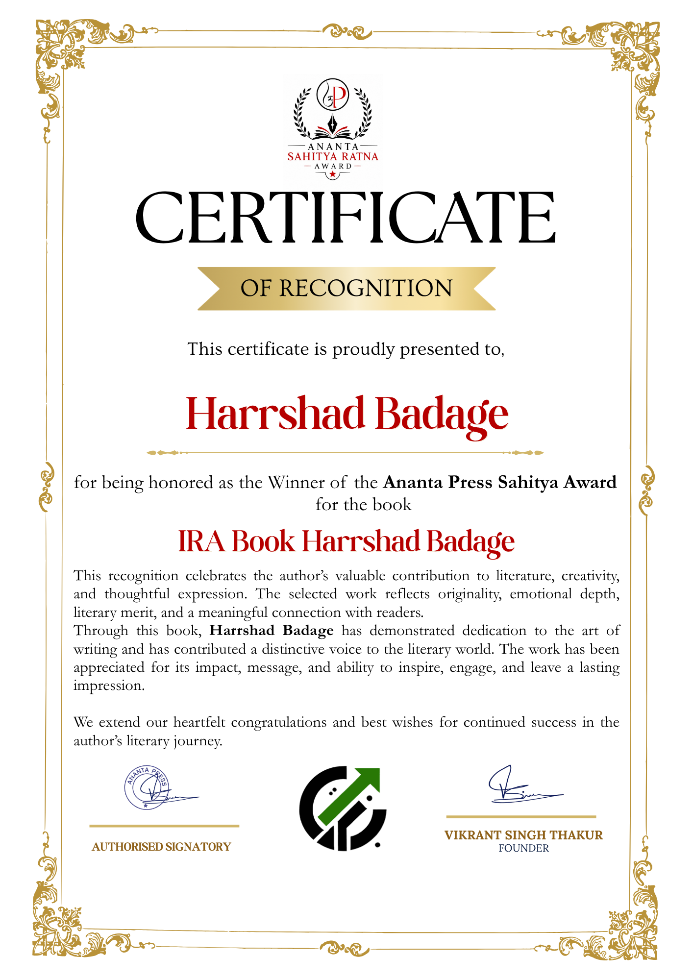 Official winner certificate of Harrshad Badage