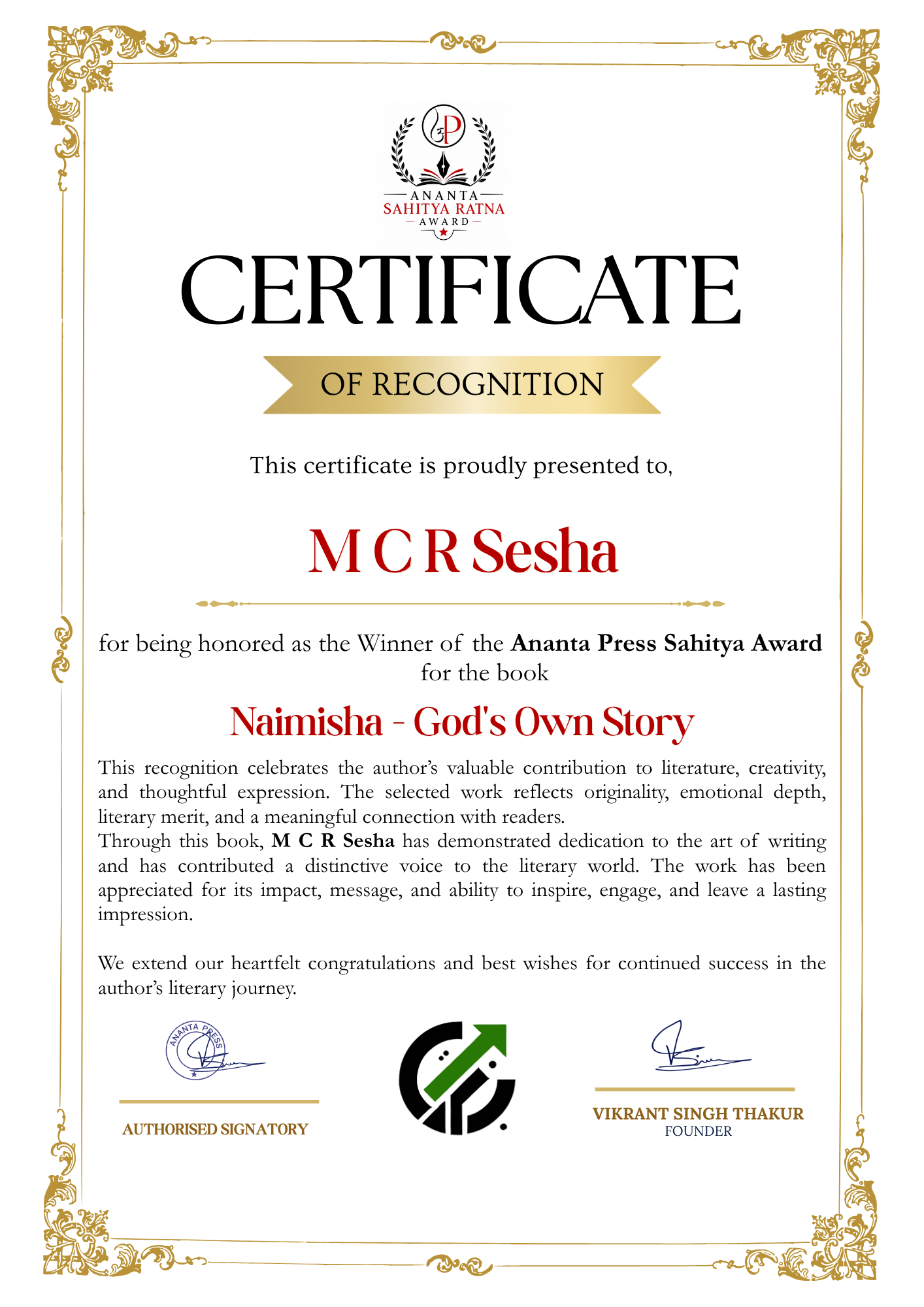 Official winner certificate of M C R Sesha