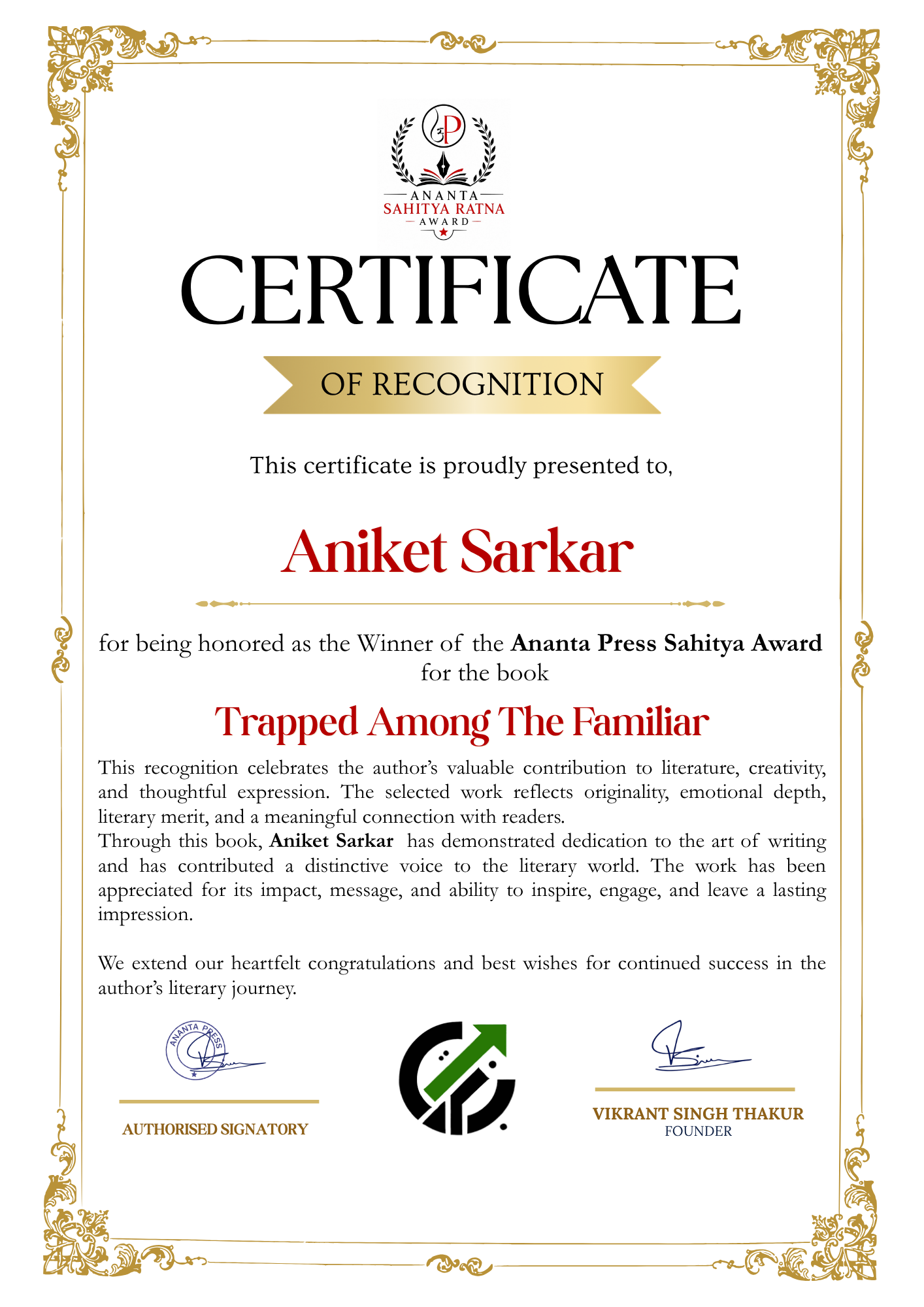 Official winner certificate of Aniket Sarkar