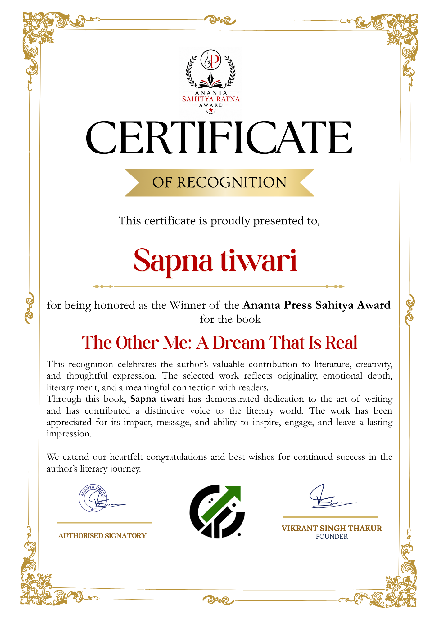 Official winner certificate of Sapna Tiwari