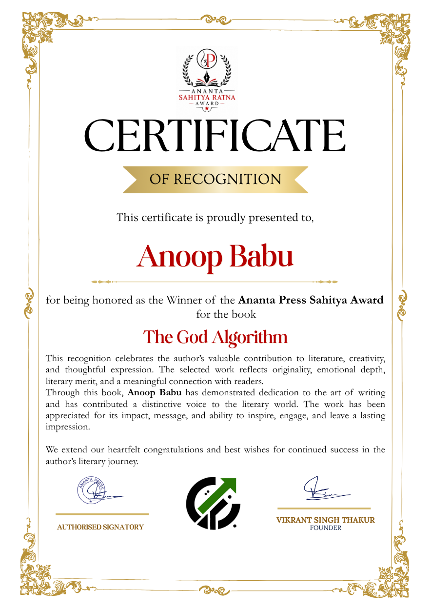 Official winner certificate of Anoop Babu