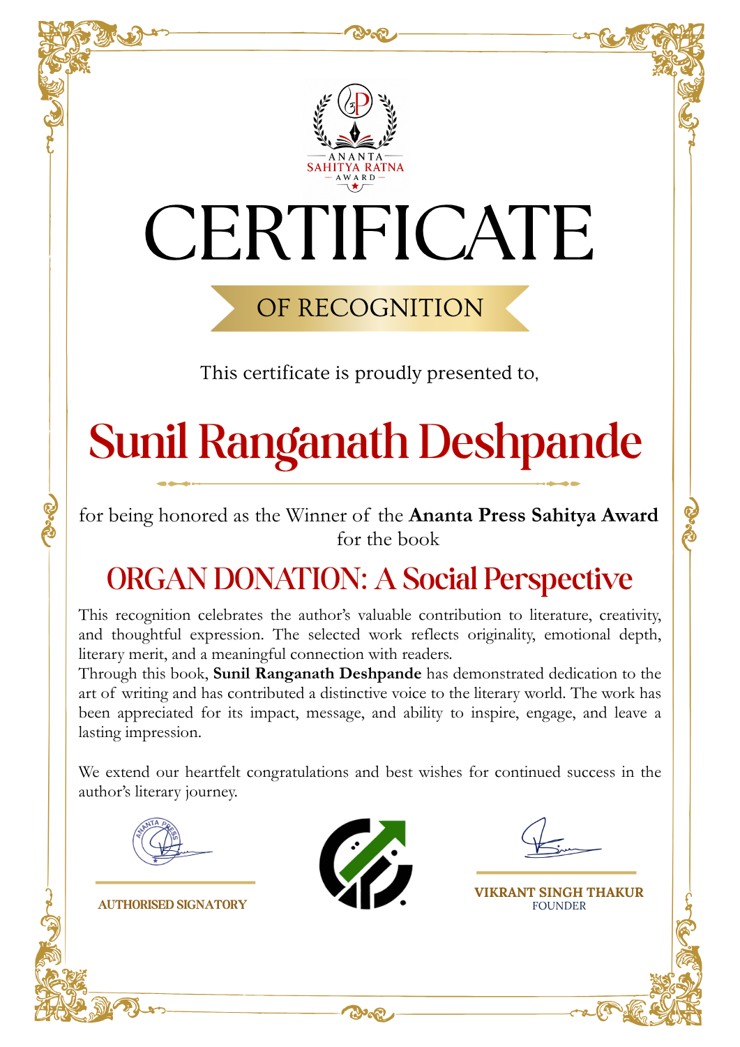 Official winner certificate of Sunil Ranganath Deshpande