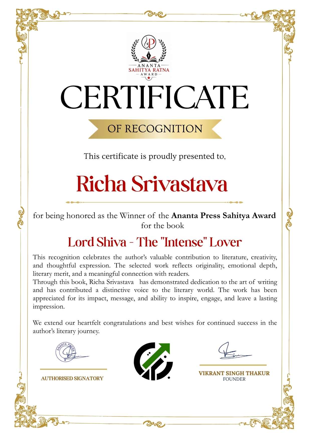 Official Ananta Press Sahitya Ratna Award certificate of Richa Srivastava