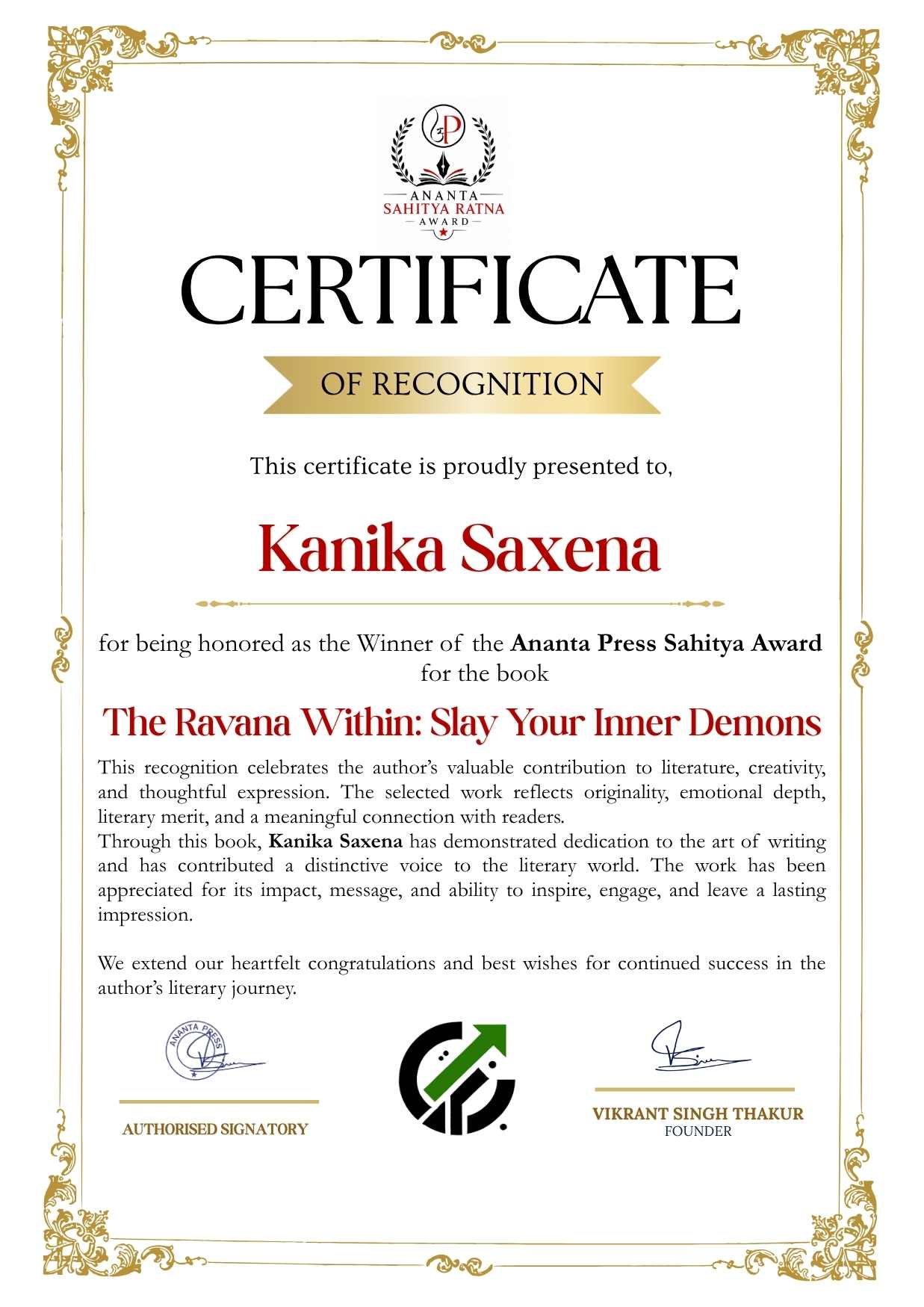 Official Ananta Press Sahitya Ratna Award certificate of Kanika Saxena