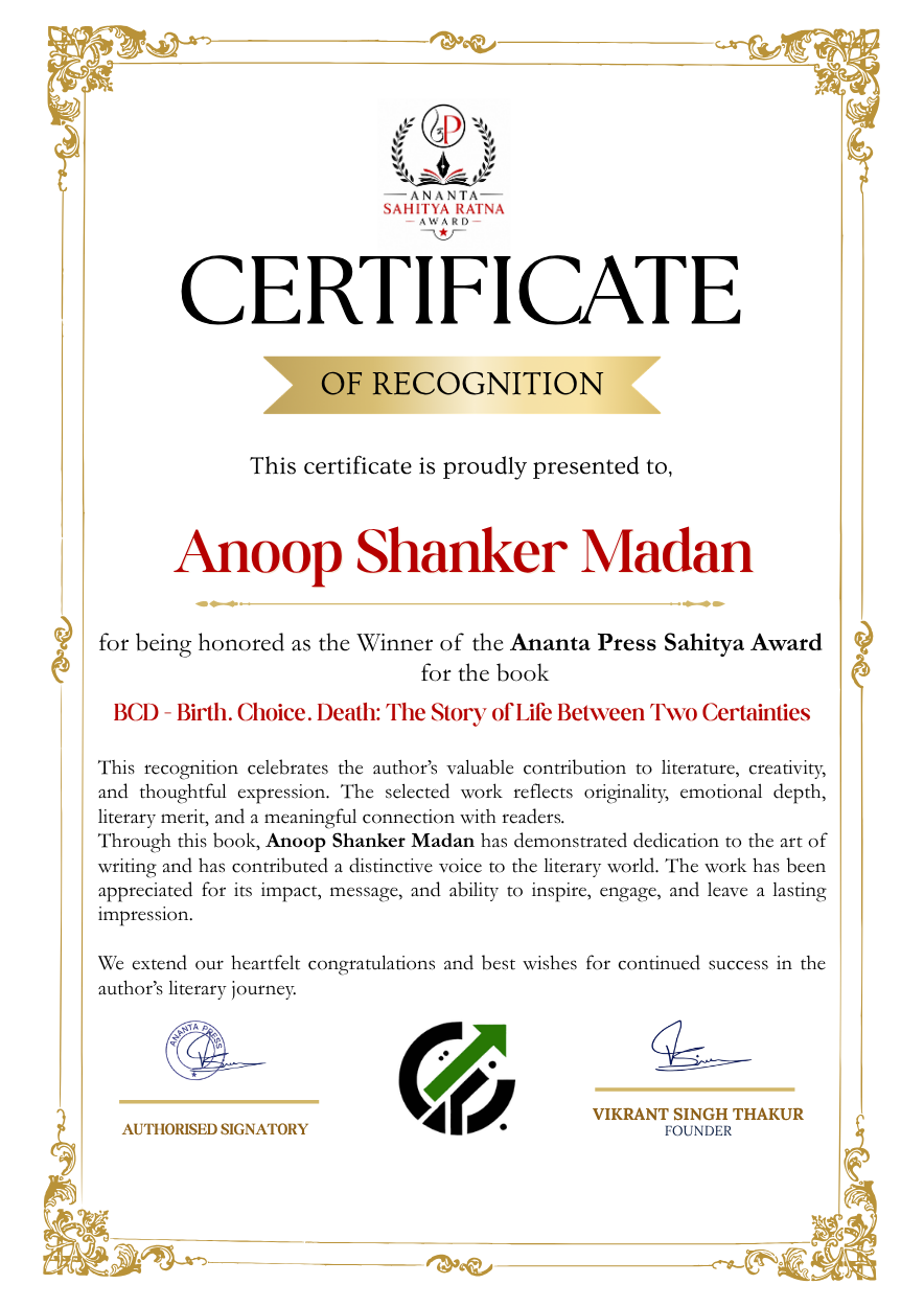 Official Ananta Press Sahitya Ratna Award certificate of Anoop Shanker Madan