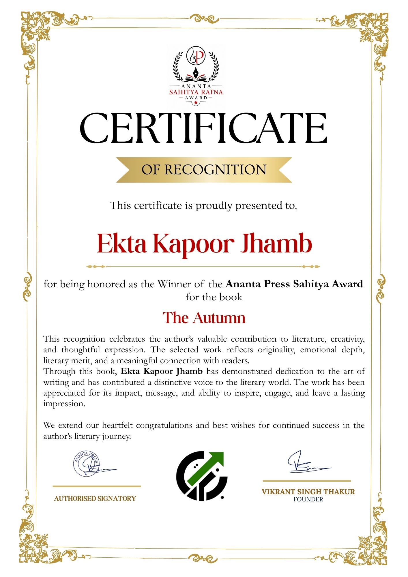 Official winner certificate of Ekta Kapoor Jhamb