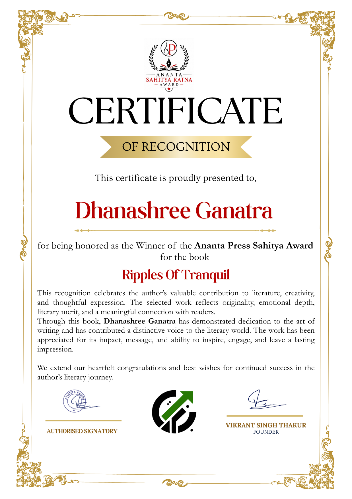Official winner certificate of Dhanashree Ganatra