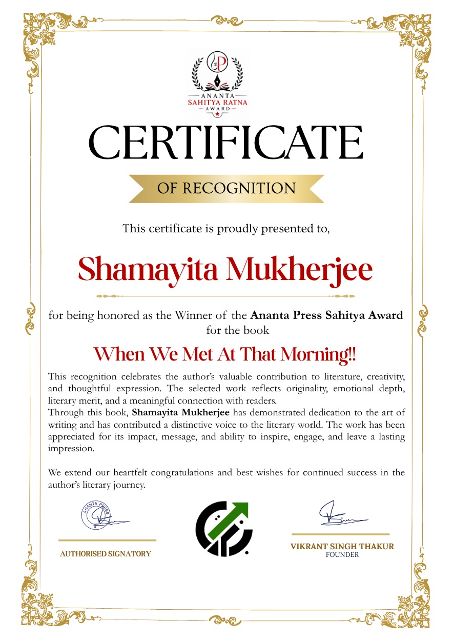 Official Ananta Press Sahitya Ratna Award certificate of Shamayita Mukherjee