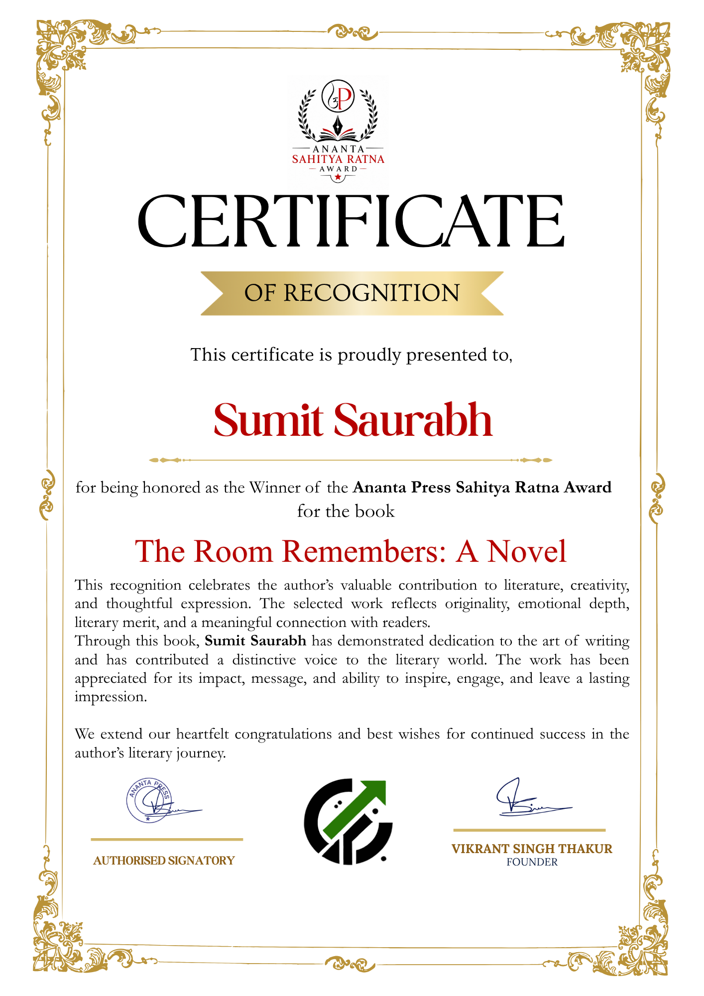 Official Ananta Press Sahitya Ratna Award certificate of Sumit Saurabh