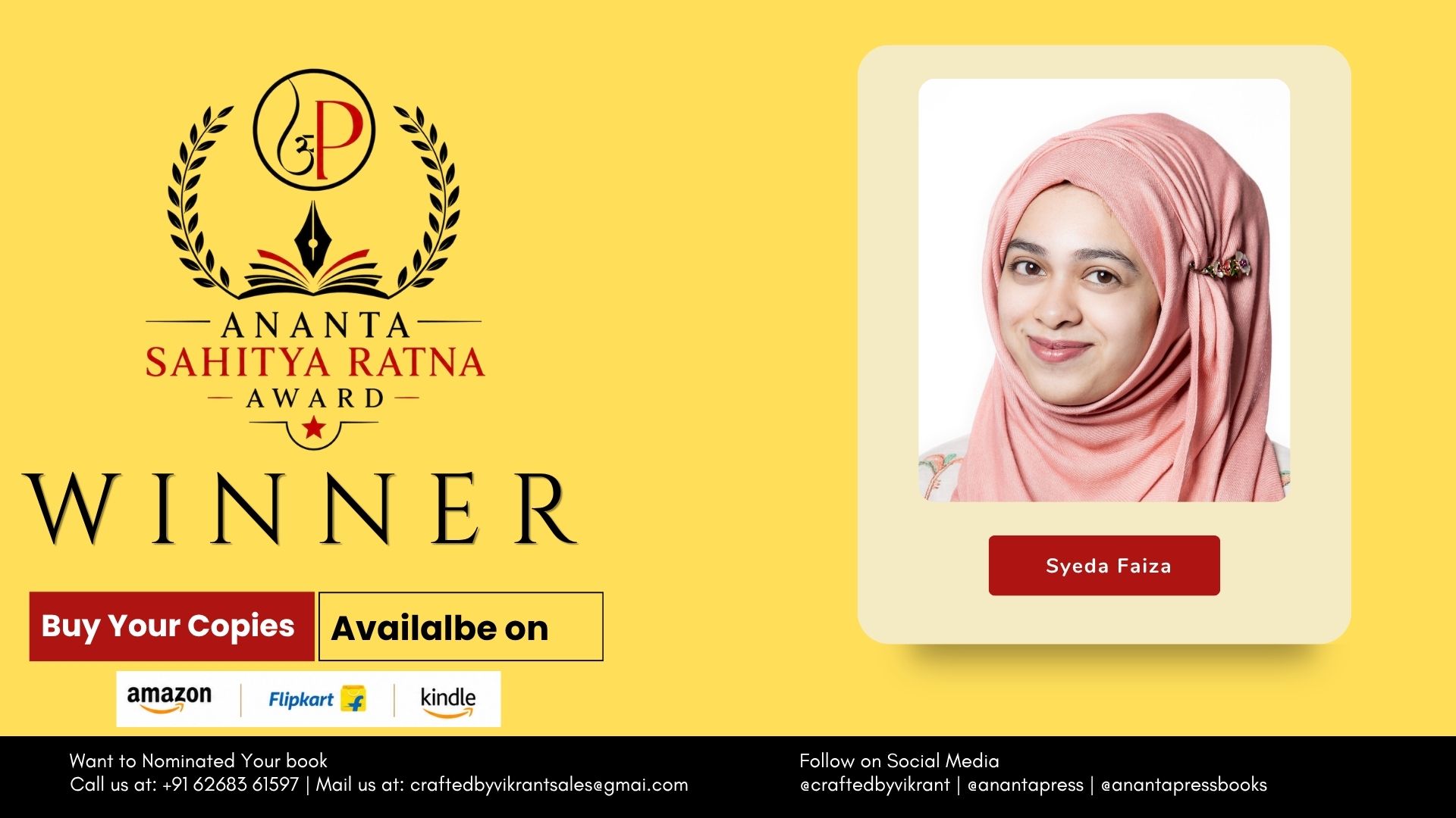 Ananta Press is delighted to congratulate author Syeda Faiza on being officially recognised as a Winner of the Ananta Press Sahitya Ratna Award for her inspiring and thoughtful book, EMPOWERED.
