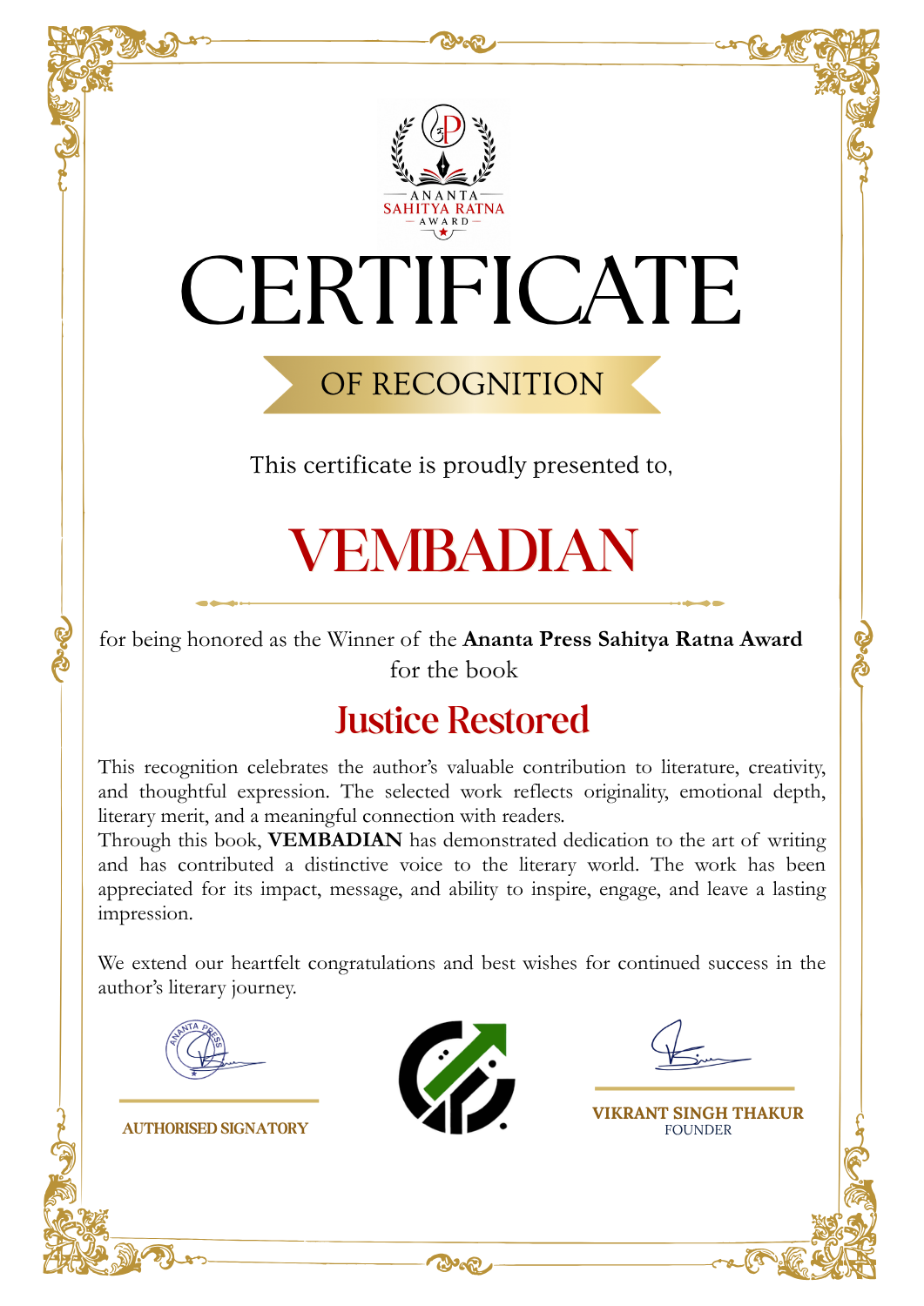 Official Ananta Press Sahitya Ratna Award winner certificate of Vembadian