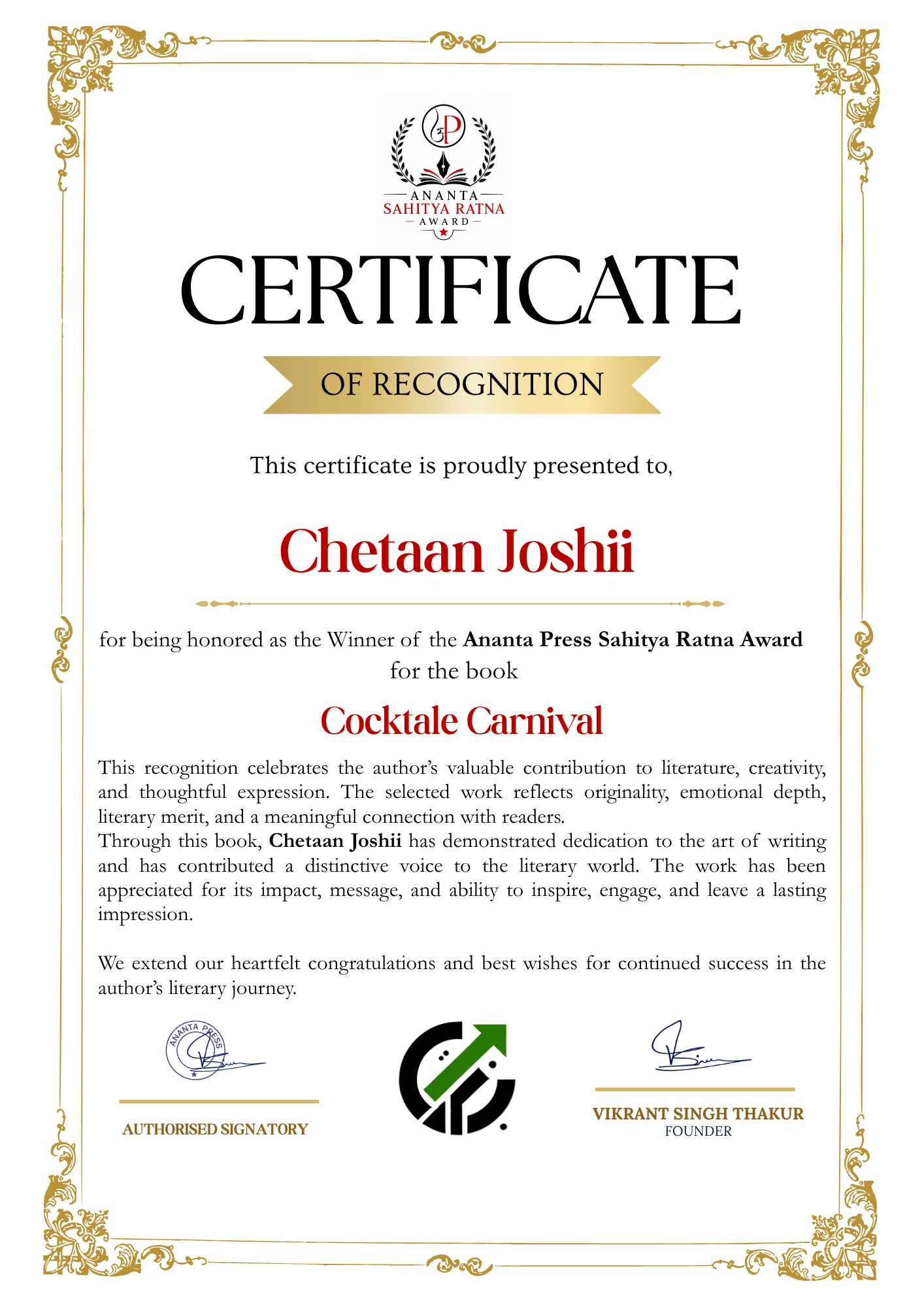 Official winner certificate of Chetan Joshii