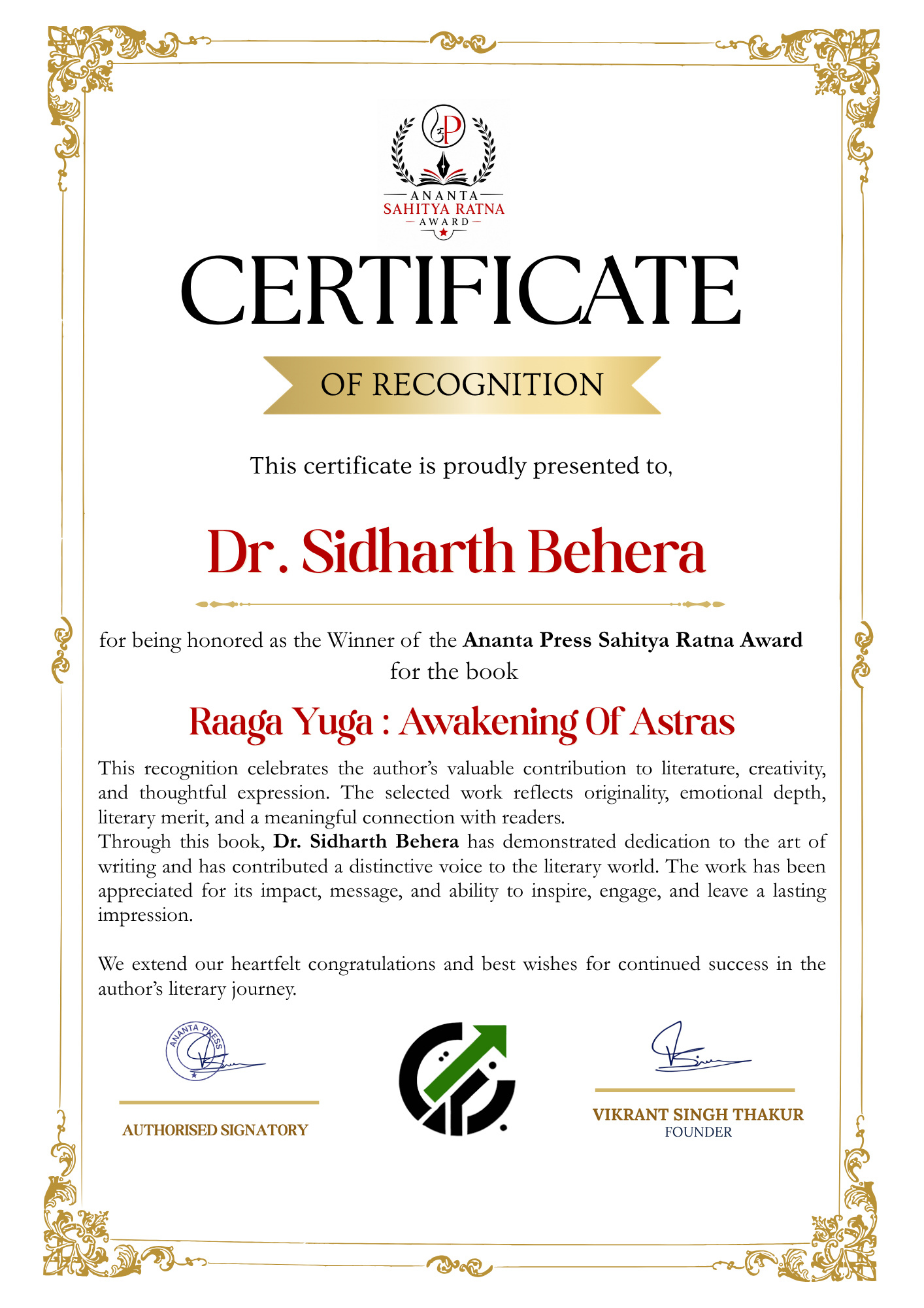 Official winner certificate of Dr. Sidharth Behera