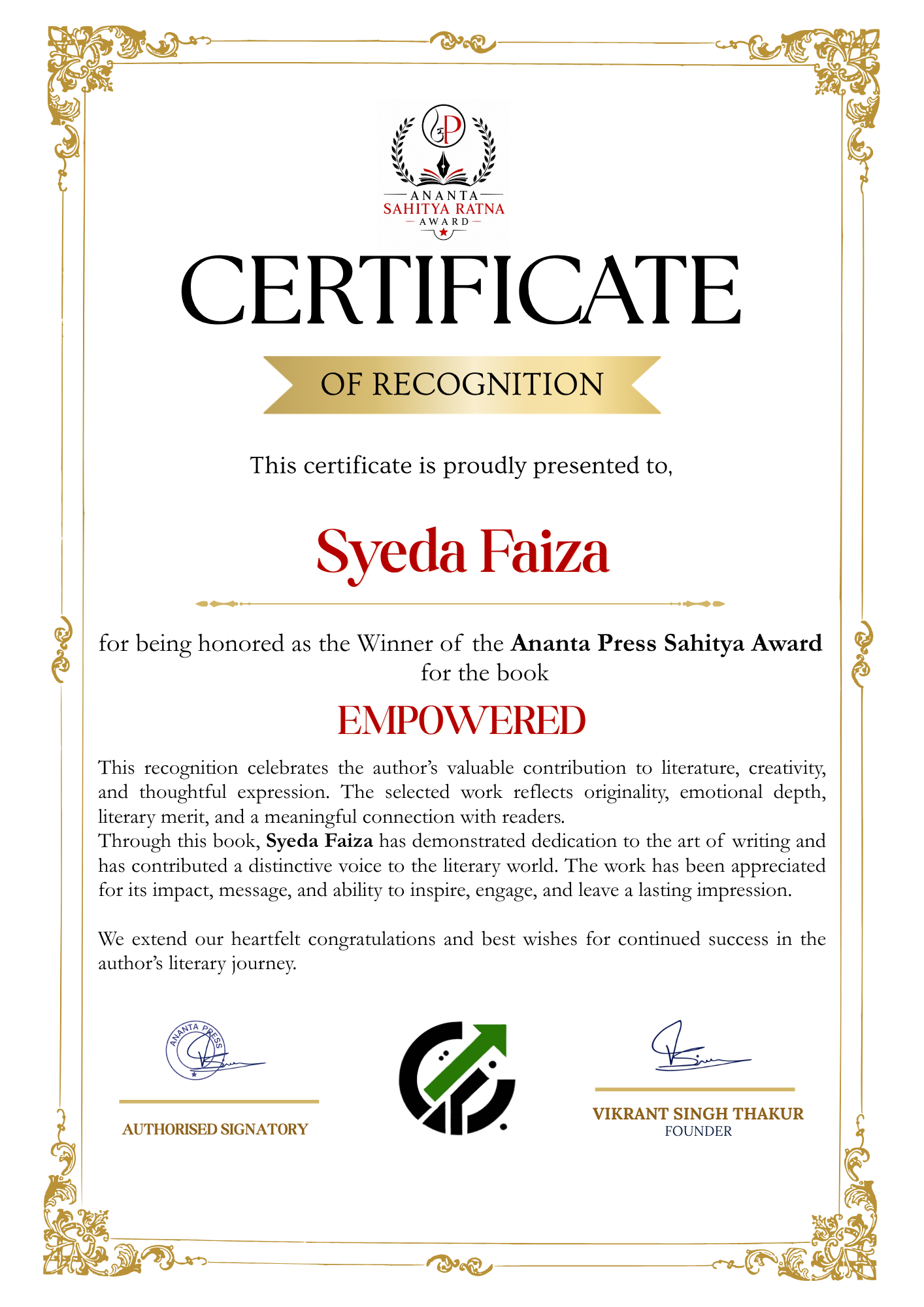 Official Ananta Press Sahitya Ratna Award certificate of Syeda Faiza