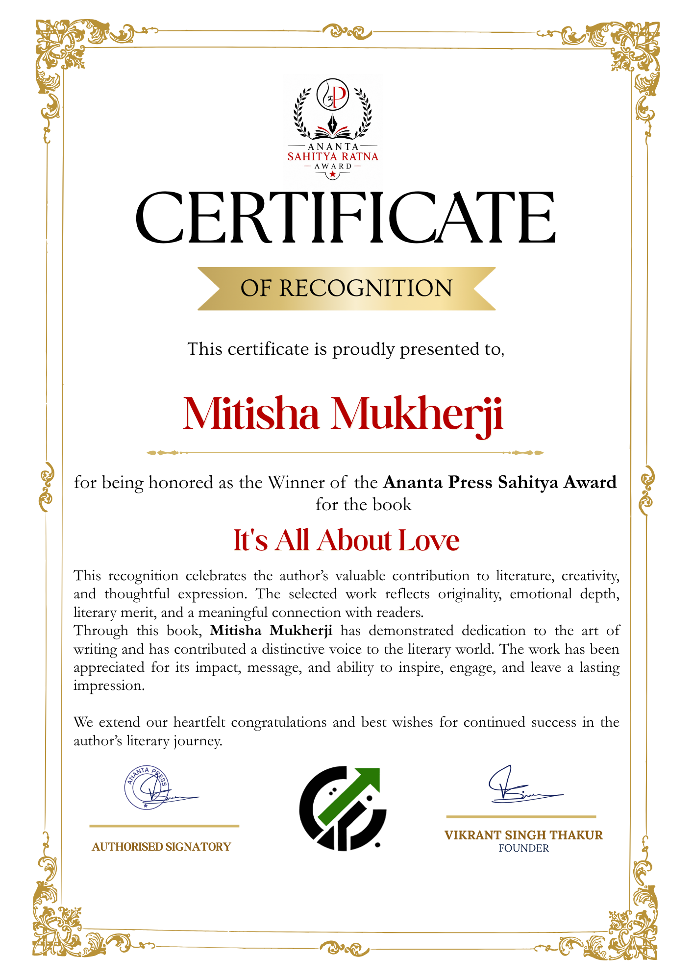 Official Ananta Press Sahitya Ratna Award winner certificate of Mitisha Mukherji