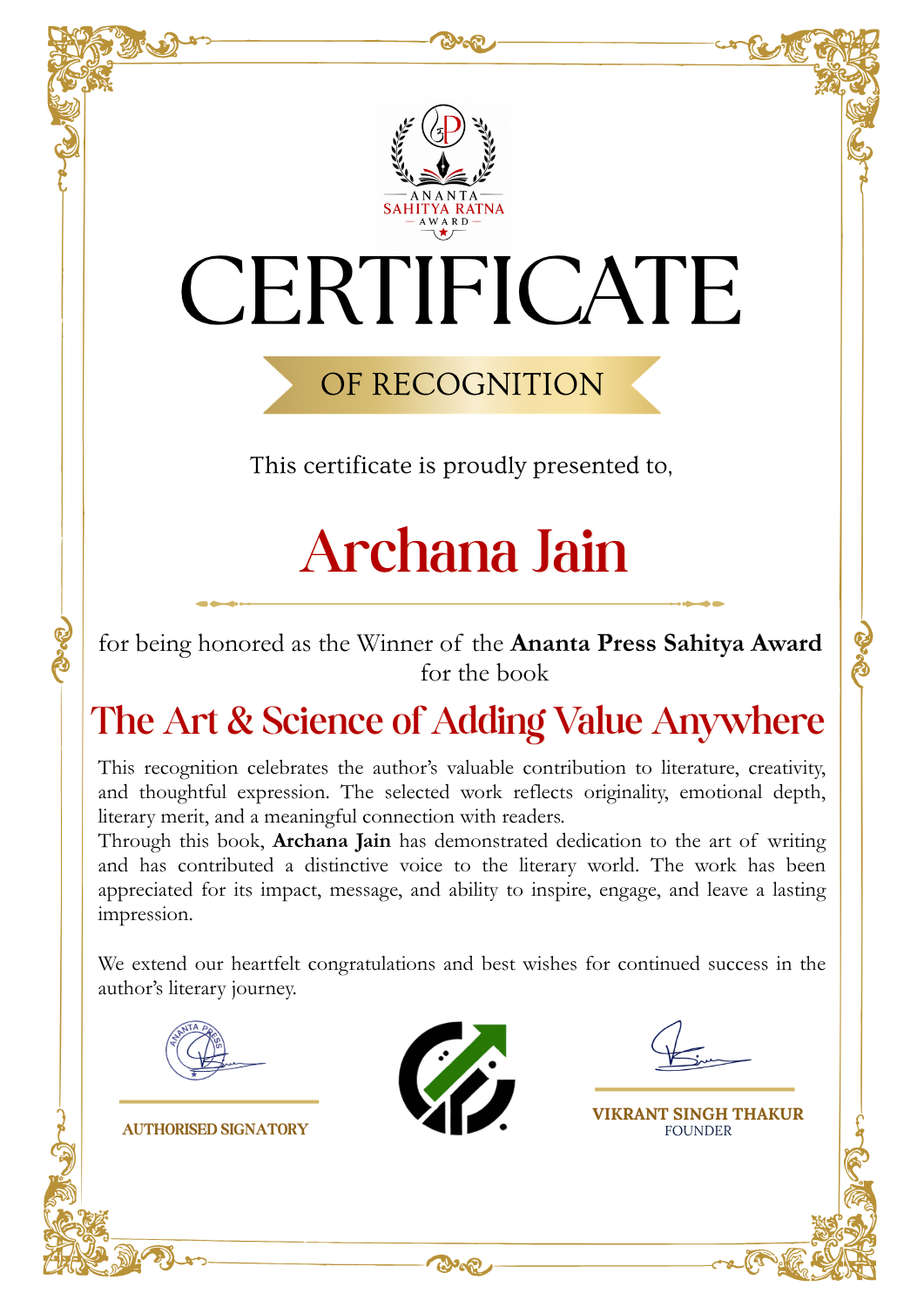 Official Ananta Press Sahitya Ratna Award certificate of Archana Jain