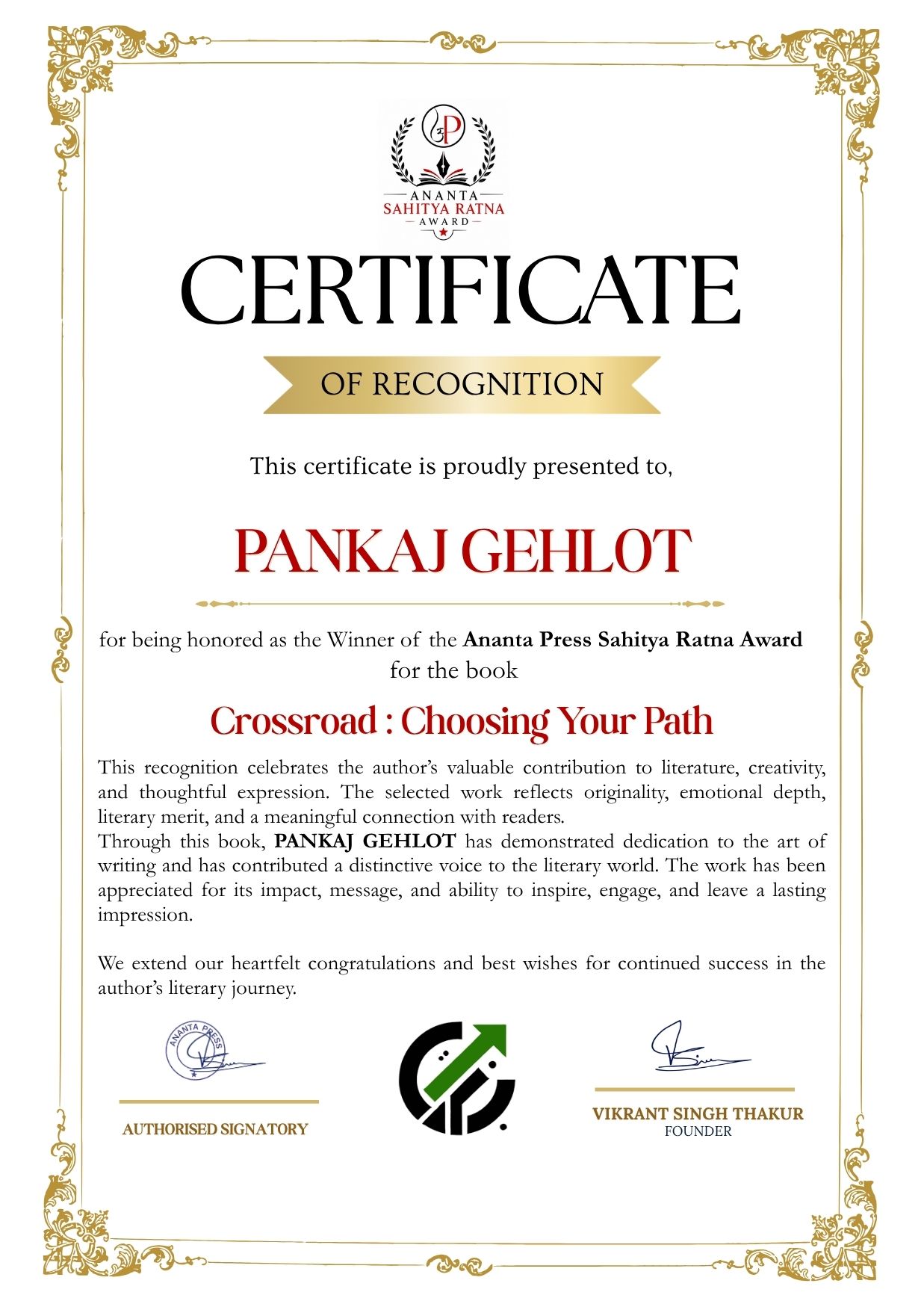 Official winner certificate of Pankaj Gehlot