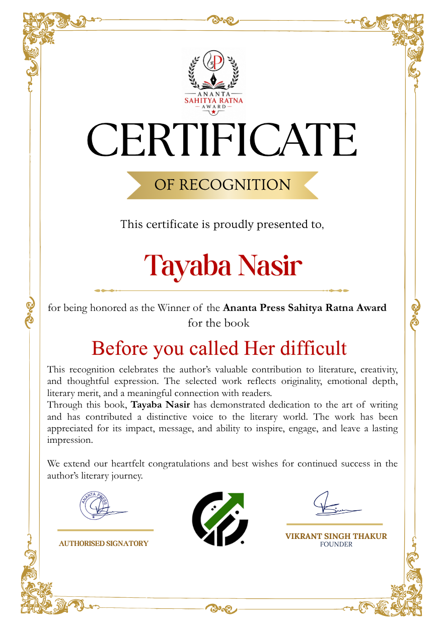 Official Ananta Press Sahitya Ratna Award certificate of Tayaba Nasir